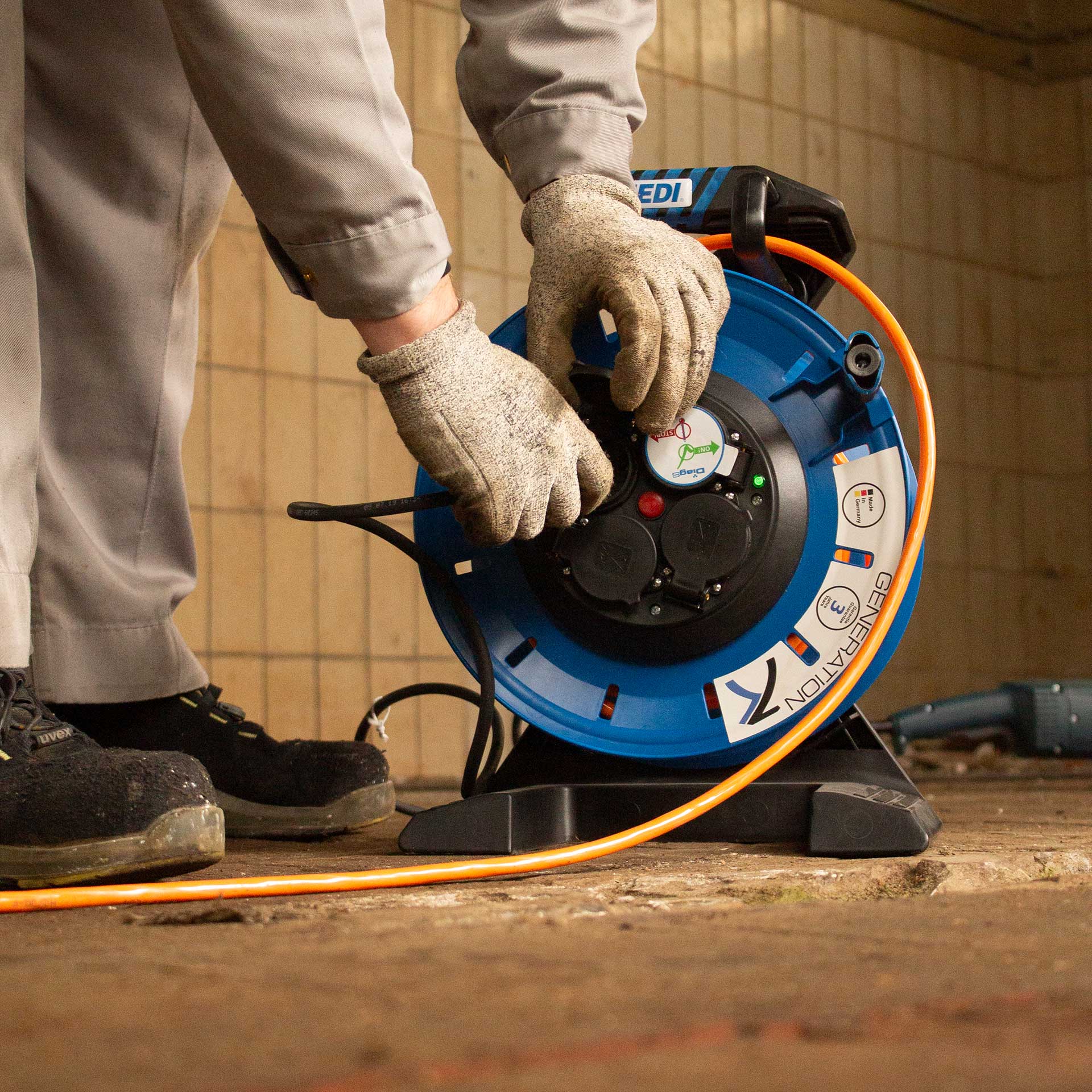 HEDI Vollkunststoff-Kabeltrommel Generation 7 Champion Schleifring 40m H07BQ-F 3G2,5 Anwendung